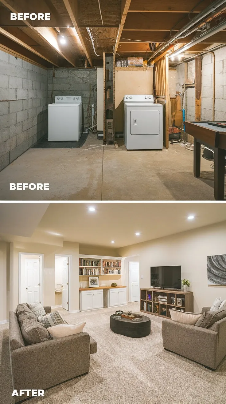 Unbelievable downstairs basement ideas! This unfinished basement before and after reveals a stunning basement rec room makeover. Smart basement laundry ideas transformed an unfinished basement laundry room into a functional and stylish space.