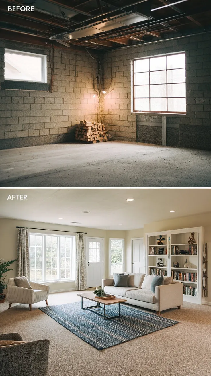 Unbelievable basement rec room makeover! This unfinished basement before and after showcases the potential of even the most neglected spaces. Clever basement laundry ideas transformed the unfinished basement laundry room into a stylish and comfortable area, proving that basement design ideas can truly elevate your home.