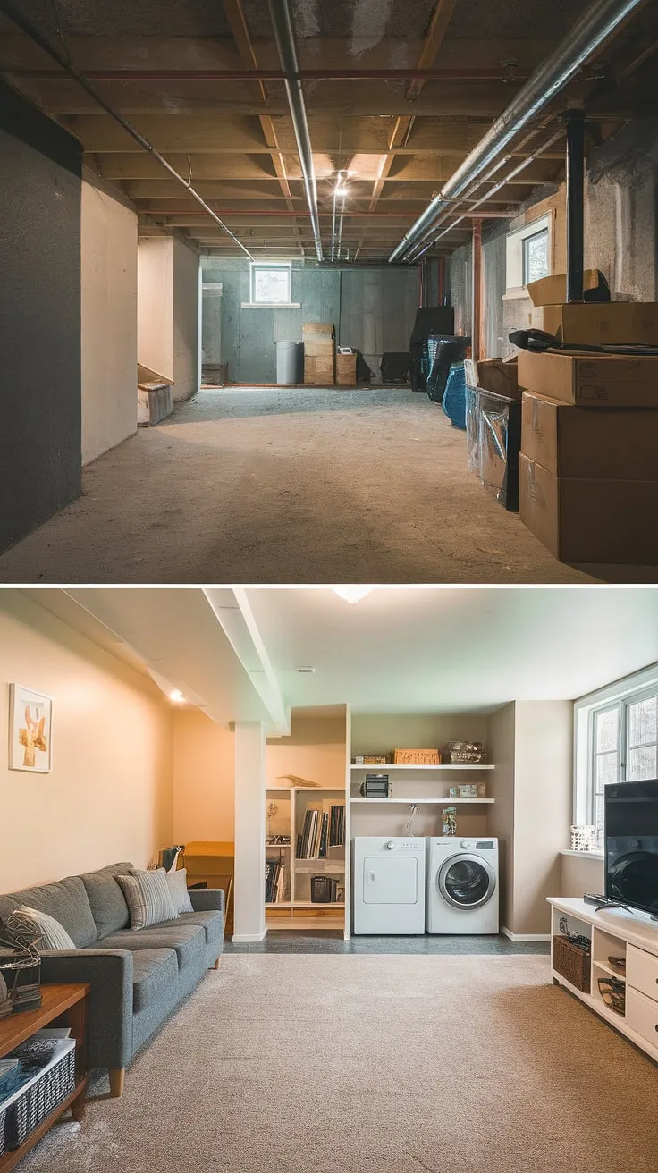 Unbelievable transformation! This unfinished basement before and after reveals the potential of a basement rec room. Our basement design ideas turned this dimly lit space into a fun, functional area with a dedicated basement laundry room. Perfect basement laundry ideas for an unfinished basement.