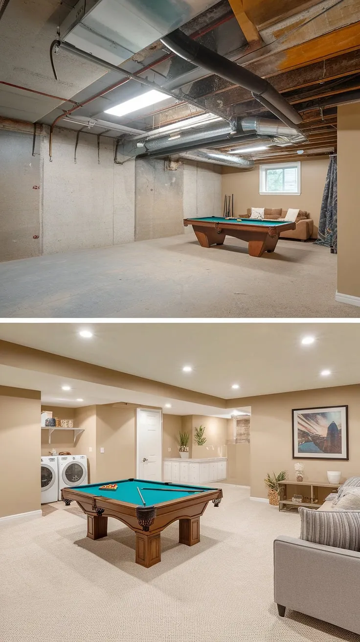 This unfinished basement transformation is a stunning example of basement design ideas. The before photo shows a bare, concrete space with exposed pipes – a typical unfinished basement. The after photo reveals a cozy basement rec room complete with a pool table, comfortable seating, and a TV, alongside a practical and stylish unfinished basement laundry room. This project showcases clever basement laundry ideas, including integrating the laundry in basement seamlessly into the overall design. The result is a functional and inviting downstairs basement ideas space, a perfect example of an unfinished basement before and after success story.