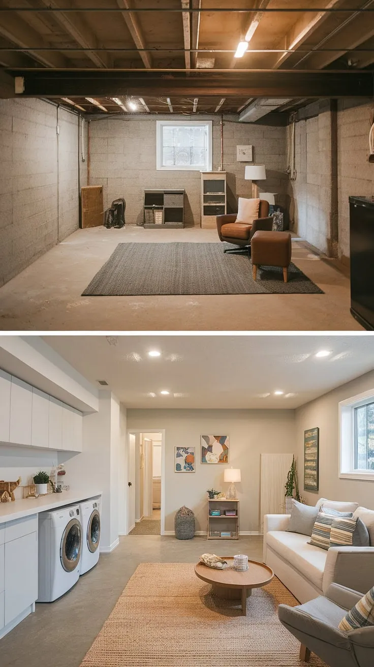 From unfinished basement to dream basement rec room! This before-and-after reveals the incredible potential of an unfinished basement. The original space, featuring a basic unfinished basement laundry room and sparse furniture, has been completely reimagined. Now a welcoming basement rec room boasts comfortable seating, a designated play area, and a stylishly updated basement laundry area with added counter space and cabinets. This project is brimming with basement design ideas and demonstrates how to cleverly incorporate laundry in basement spaces. It's the perfect inspiration for anyone considering downstairs basement ideas or tackling an unfinished basement before and after project of their own.