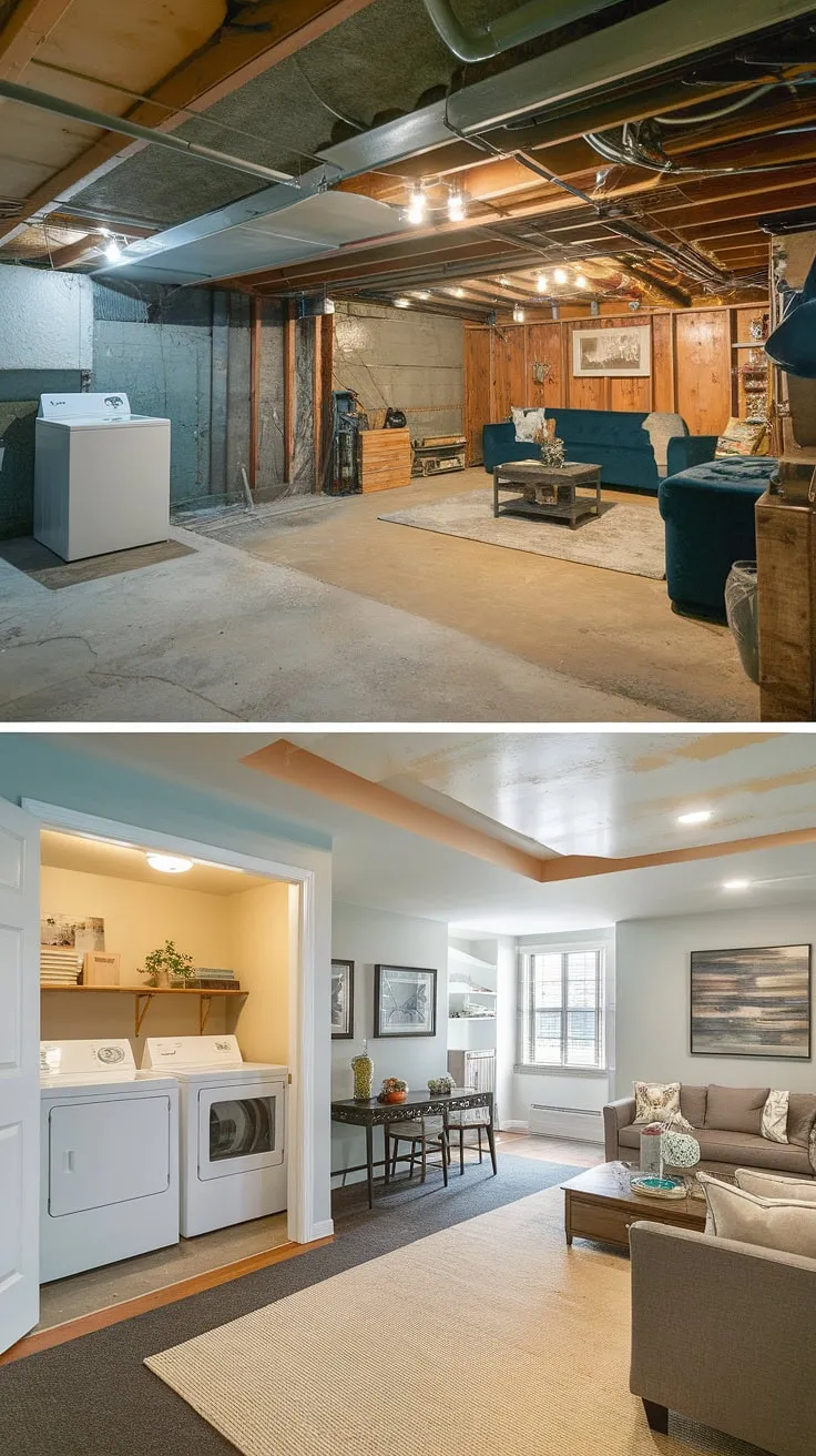 This unfinished basement, complete with an unfinished basement laundry room, was transformed! See the incredible before and after showcasing our basement design ideas. The downstairs basement ideas included creating a cozy basement rec room with a comfortable seating area and a functional, yet stylish, basement laundry room. This project perfectly illustrates how to cleverly incorporate laundry in basement spaces, even in a previously unfinished basement.