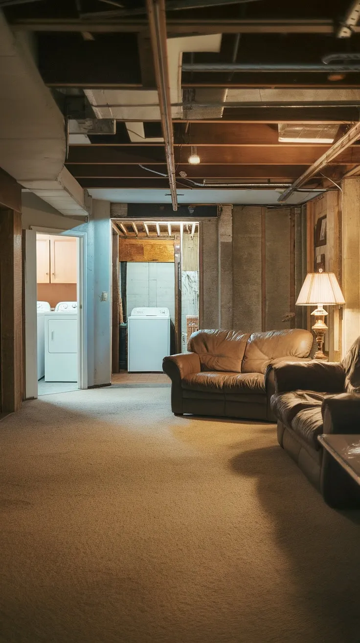 This dimly lit basement rec room, complete with unfinished basement and laundry in basement, is about to get a major upgrade. Basement design ideas are key to transforming this unfinished basement laundry room into a functional and stylish space. Get ready for an amazing downstairs basement ideas reveal—an unfinished basement before and after you won't believe!