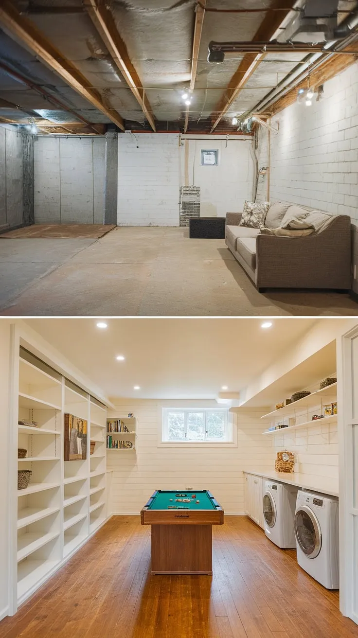 From unfinished basement to cozy basement rec room! This basement design ideas project includes a functional unfinished basement laundry room, showcasing clever basement laundry ideas and downstairs basement ideas. See the amazing unfinished basement before and after transformation.