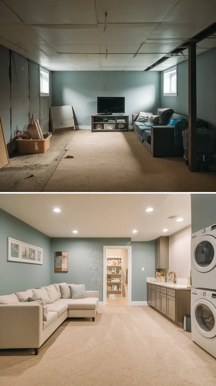 Unbelievable transformation! This unfinished basement before and after reveals how we turned a dark, cluttered space into a stunning basement rec room complete with a laundry in basement setup. Explore our basement design ideas and basement laundry room solutions for your own unfinished basement makeover.