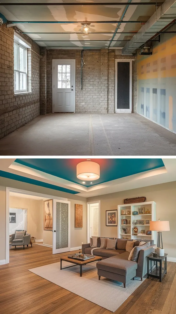 This unfinished basement before and after showcases a stunning transformation. The drab concrete floor and exposed brick walls of the original space, complete with a laundry area tucked away, are a distant memory. Now, this basement rec room boasts a warm wooden floor, drywall walls, and a cozy seating area, proving that even an unfinished basement, including a laundry in basement, can be redesigned into a functional and stylish living space. This project offers plenty of basement design ideas and downstairs basement ideas for those considering a basement renovation, especially if you're looking for basement laundry ideas or solutions for an unfinished basement laundry room.