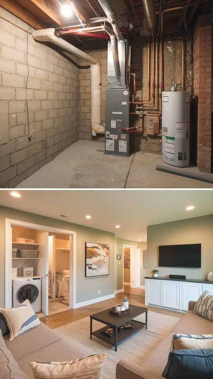 This stunning unfinished basement before and after reveals the magic of basement design ideas. The transformation from a cold, unfinished basement with exposed brick and a concrete floor to a warm and inviting rec room and a thoughtfully planned basement laundry room is truly inspiring. The before picture shows the original state, highlighting the furnace and water heater in the corner. The after picture showcases a comfortable rec room with a sofa, coffee table, and TV, along with a practical and stylish basement laundry room. This project offers excellent basement laundry ideas and demonstrates how to cleverly incorporate a laundry in basement while maximizing space. Consider this a testament to the possibilities of downstairs basement ideas and a perfect example of an unfinished basement laundry room done right.
