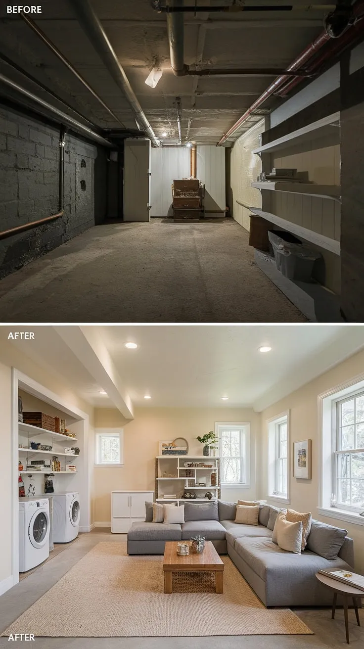 From dark and damp unfinished basement to a cozy basement rec room and functional laundry room. This unfinished basement before and after showcases amazing basement design ideas, including clever basement laundry ideas and downstairs basement ideas for maximizing space.