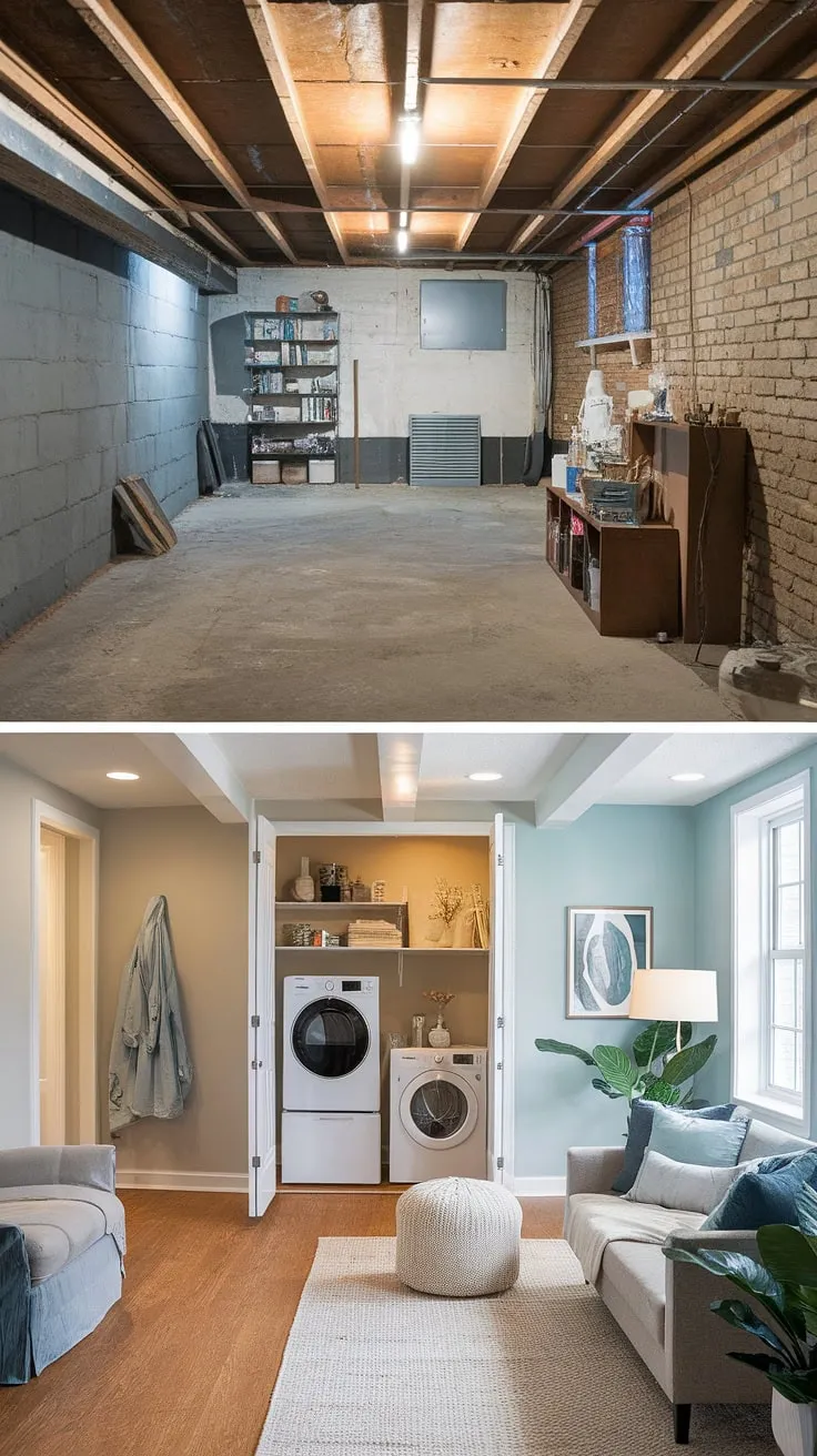 Unbelievable basement transformation! This unfinished basement before and after reveals stunning downstairs basement ideas, turning a bare concrete space into a stylish basement rec room. Note the clever basement laundry ideas—a complete basement laundry room—integrated seamlessly into the design.