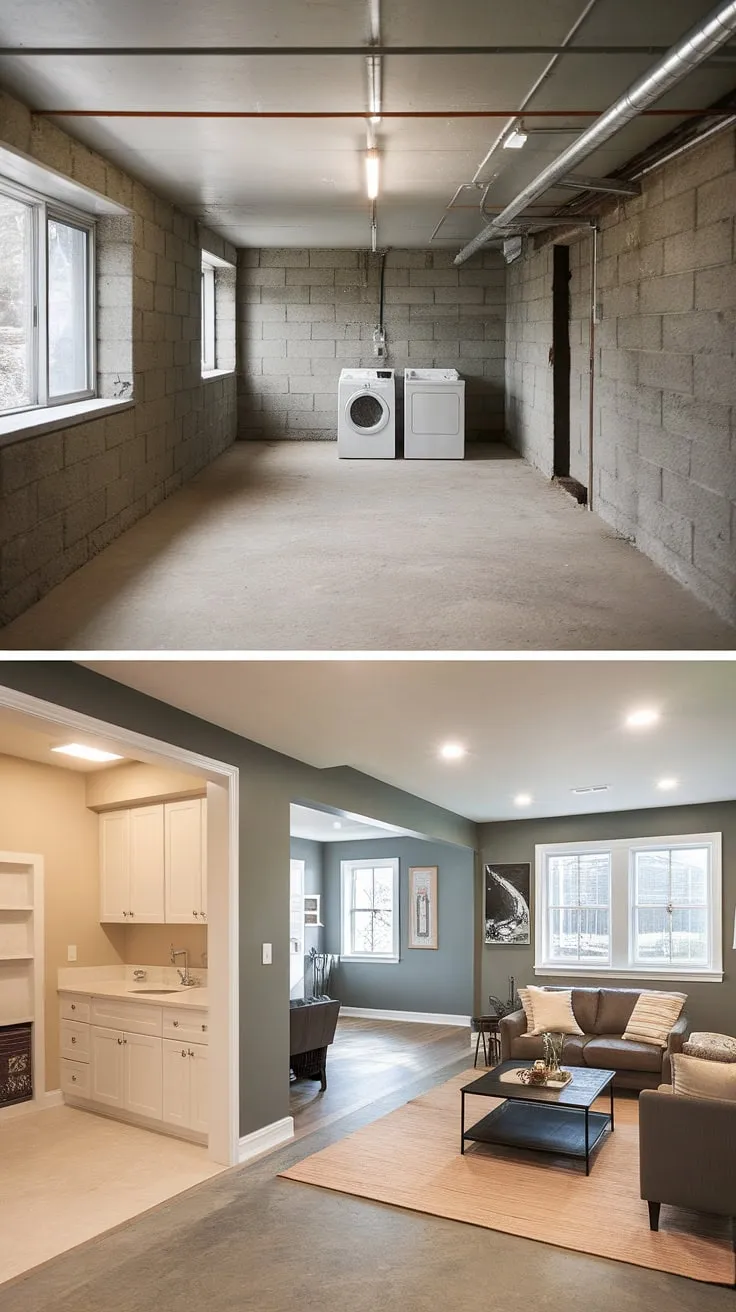 This unfinished basement before and after showcases a stunning transformation. The original space, featuring a concrete floor, exposed walls, and a laundry setup in the middle, was completely revamped. Our basement design ideas brought this unfinished basement to life, creating a cozy basement rec room and a functional basement laundry room. Clever basement laundry ideas maximized space, incorporating a sink and cabinets. Now, the downstairs basement ideas are complete, with a comfortable seating area perfect for relaxation. This is a prime example of how to upgrade an unfinished basement laundry room and turn an unused space into a valuable part of the home.