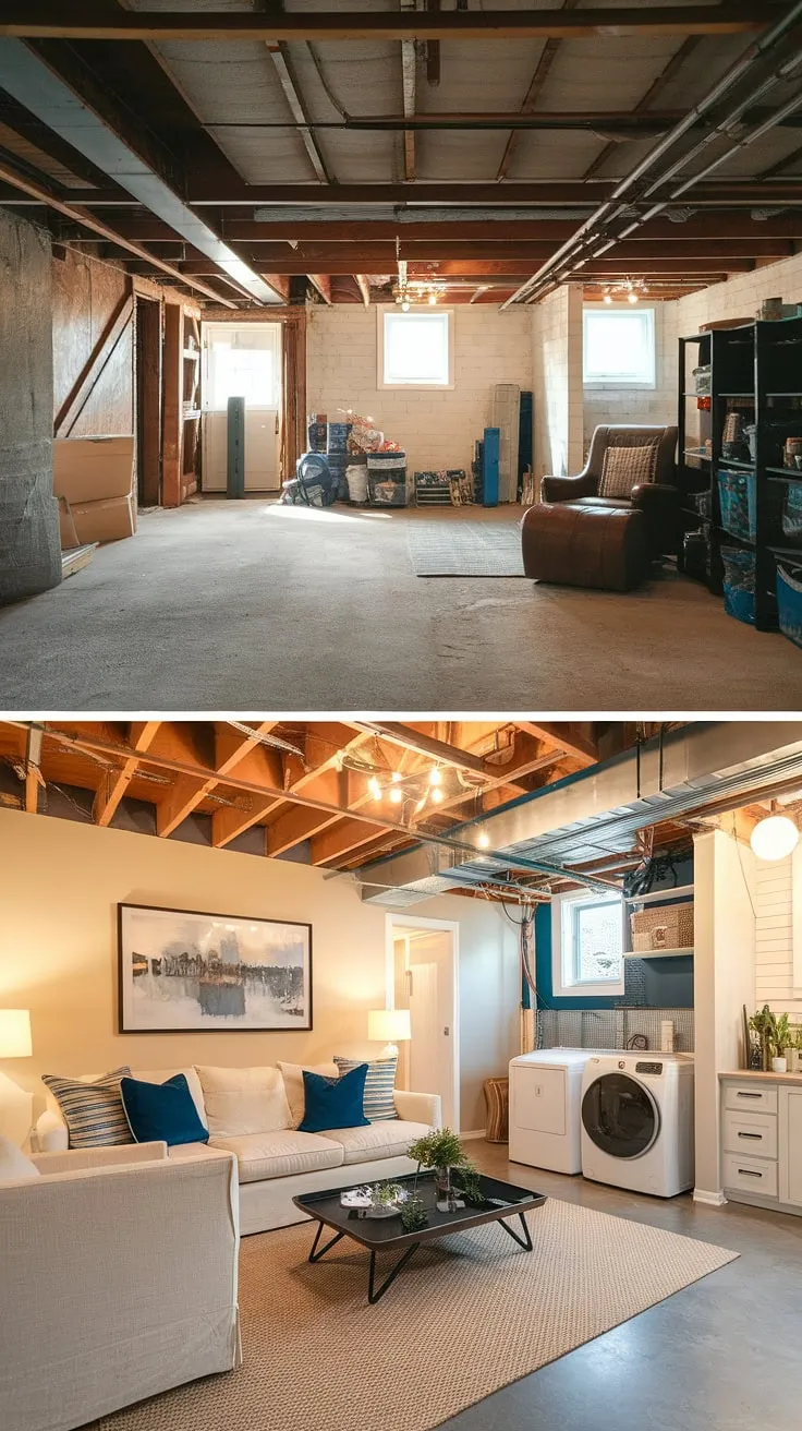 Unbelievable transformation! This unfinished basement before and after reveals how we created a stunning basement rec room and practical unfinished basement laundry room. Get inspired by our basement design ideas and basement laundry ideas – perfect for anyone considering laundry in basement solutions.