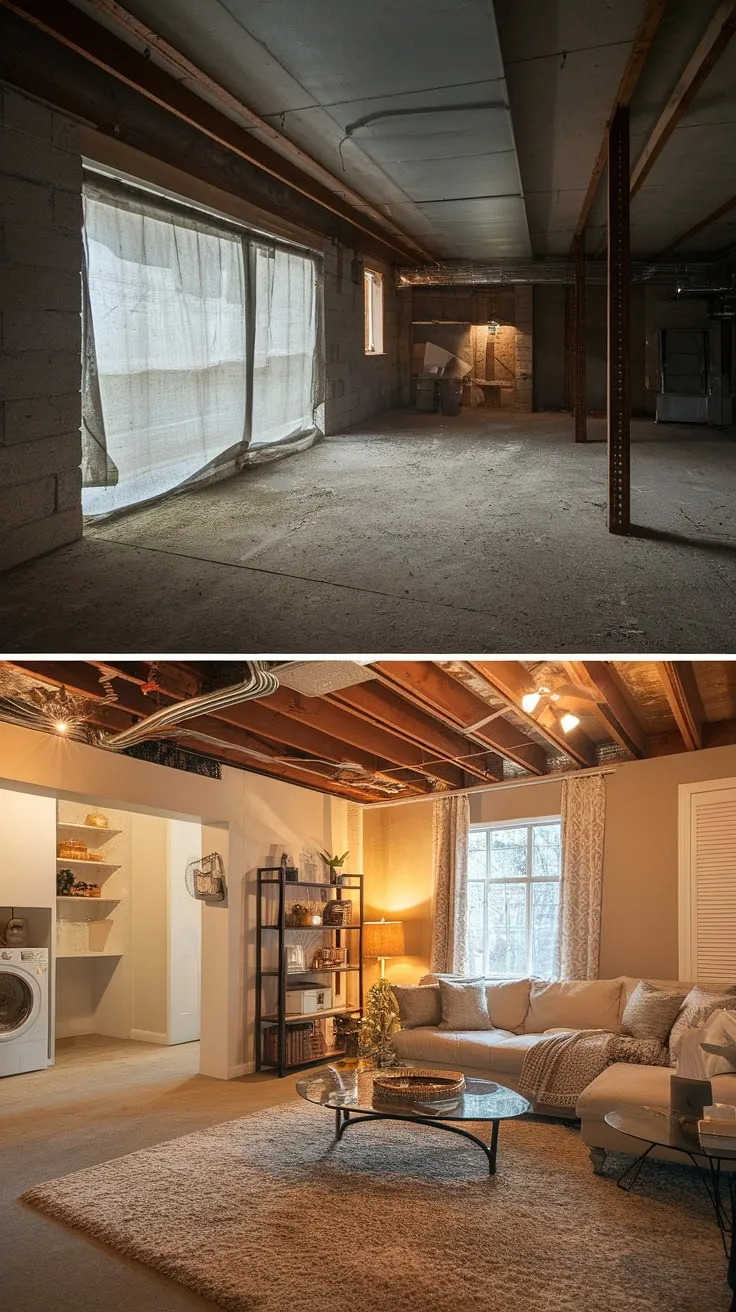 From dusty unfinished basement to cozy basement rec room! This unfinished basement before and after showcases incredible basement design ideas, including a functional unfinished basement laundry room and clever basement laundry ideas. Downstairs basement ideas don't get much better than this.