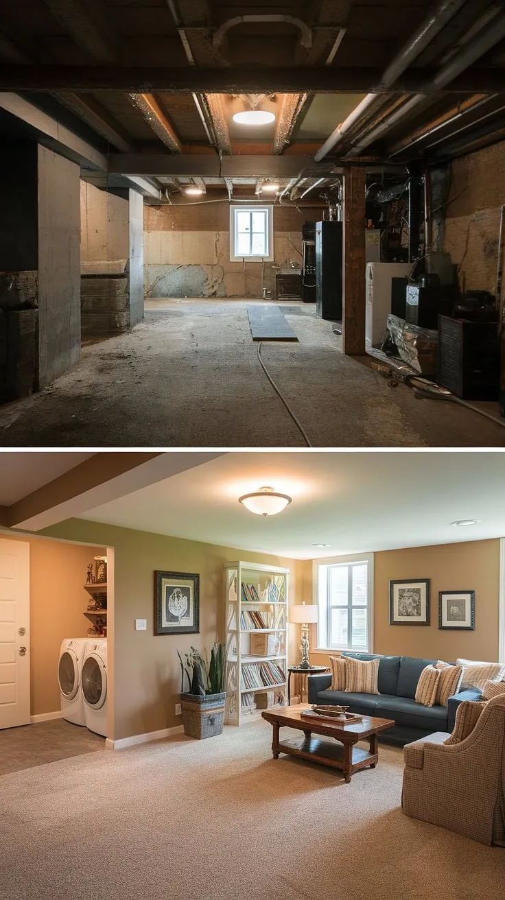 From dark and dingy unfinished basement to bright and inviting basement rec room—this before and after showcases the power of thoughtful basement design ideas. The addition of a functional unfinished basement laundry room, complete with washer and dryer, is a highlight of this impressive transformation. This project provides ample inspiration for anyone looking for basement laundry ideas or considering how to best utilize their laundry in basement. The finished space is a testament to the potential of even the most challenging unfinished basement spaces, offering practical downstairs basement ideas and a cozy retreat for relaxation and entertainment.