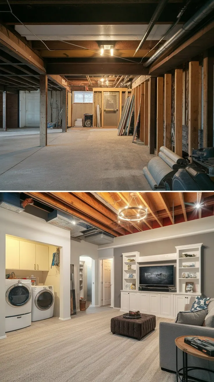 From unfinished basement to cozy basement rec room! This basement design ideas project showcases a stunning transformation, including a functional basement laundry room and clever downstairs basement ideas. See the unfinished basement before and after – the perfect unfinished basement laundry room solution.