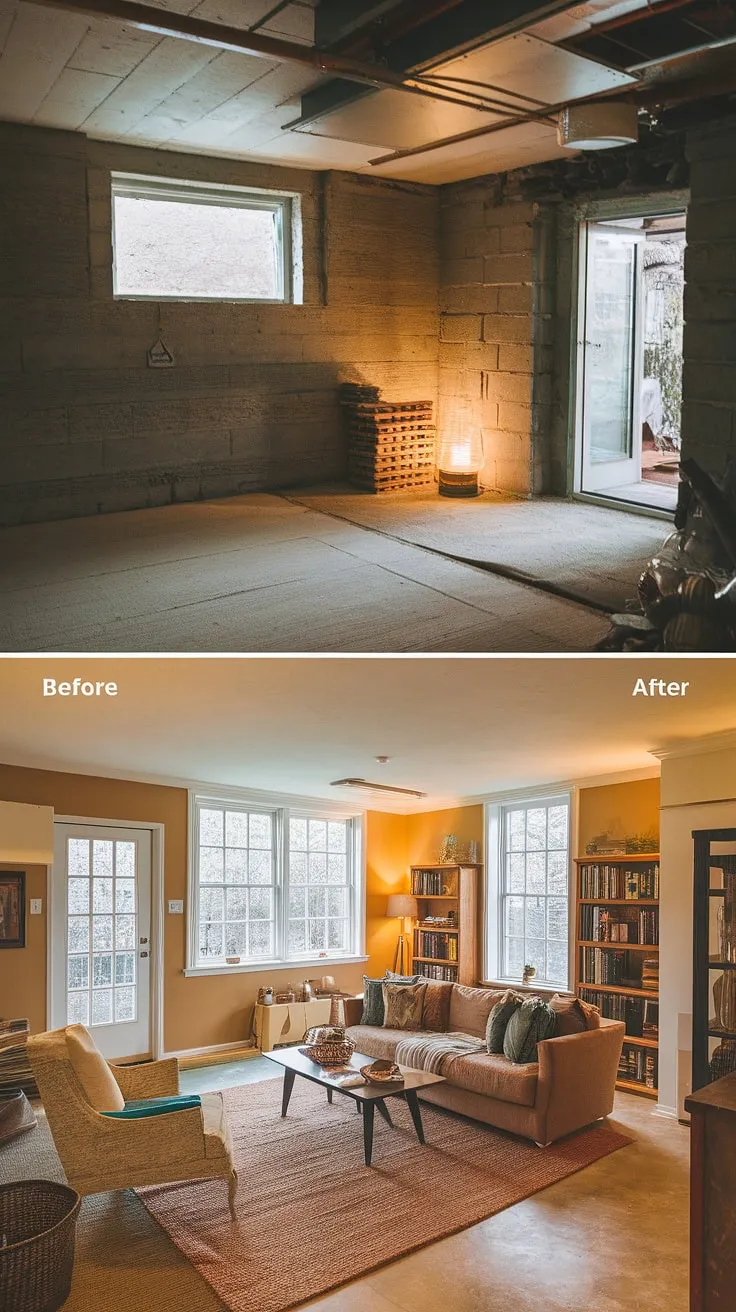 Unbelievable basement rec room makeover! This unfinished basement before and after showcases how clever basement laundry ideas and basement design ideas can turn a drab unfinished basement laundry room into a warm and inviting retreat. Laundry in basement? No problem!