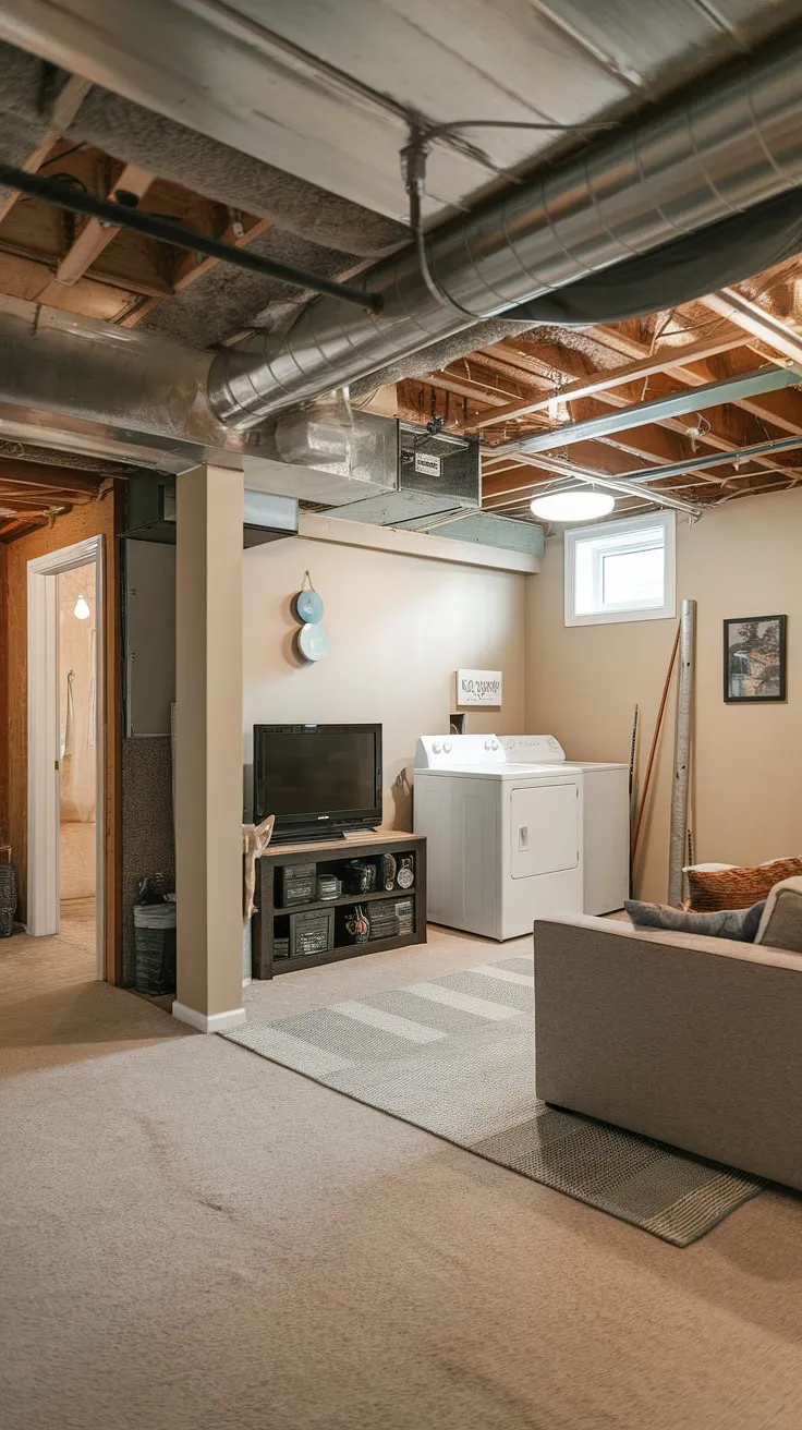 From unfinished basement to ultimate entertainment hub! This before and after showcases incredible basement design ideas, transforming a dusty, cluttered space with exposed pipes into a stylish basement rec room and functional unfinished basement laundry room. The clever basement laundry ideas maximize space, while the cozy seating area provides the perfect spot for relaxation and gaming. This downstairs basement ideas project is a testament to how to utilize an unfinished basement, creating a complete laundry in basement and a fantastic rec room. See the dramatic unfinished basement before and after!