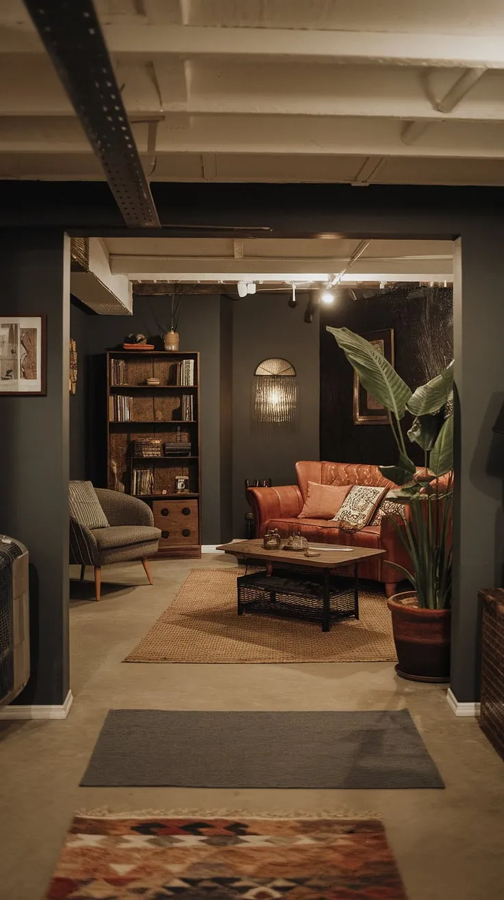 Transforming a basement room into a cozy rec room? This vintage basement remodel showcases cute unfinished basement ideas and basement living ideas with a dark, comfortable basement aesthetic and open plan basement design.