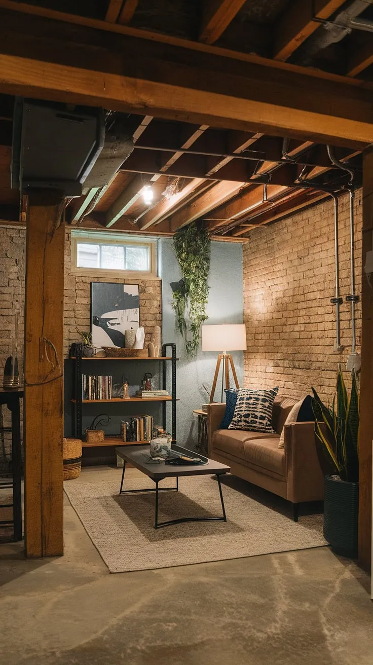 This comfortable basement ideas space boasts a cool basement aesthetic, achieved through a vintage basement remodel. The open plan basement design cleverly utilizes the exposed brick and wooden beams of this small dark basement, creating a cozy rec room. A simple yet stylish setup with a comfortable couch, coffee table, and a small window lets in natural light. The addition of a plant and a shelf with books and decorative items completes the cute unfinished basement ideas, showcasing how to transform a basement room into a welcoming and functional space.