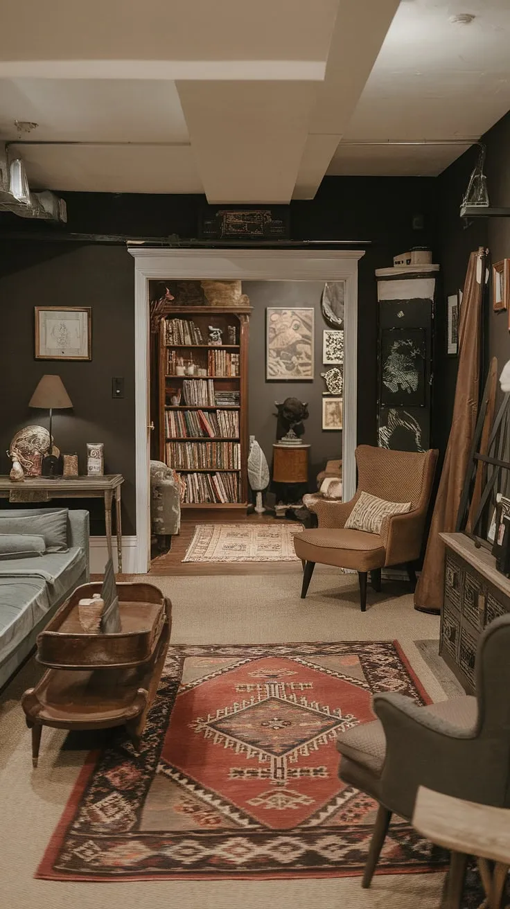 This open plan basement design proves that even small dark basement ideas can be transformed into a stunning and comfortable basement room. The vintage basement remodel features a cozy rec room with a thoughtfully designed lounge area and a dedicated reading nook, showcasing cool basement aesthetic and offering plenty of basement living ideas. The dark walls and warm lighting create a cozy and inviting atmosphere, perfect for those seeking comfortable basement ideas.