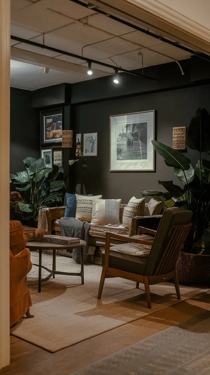 This vintage basement remodel showcases a cool basement aesthetic, transforming a small dark basement into a comfortable basement ideas haven. The open plan basement design maximizes space, creating a cozy rec room perfect for relaxation. With thoughtful touches like potted plants and comfortable seating, this basement room offers inspiring basement living ideas, even for those with cute unfinished basement ideas.