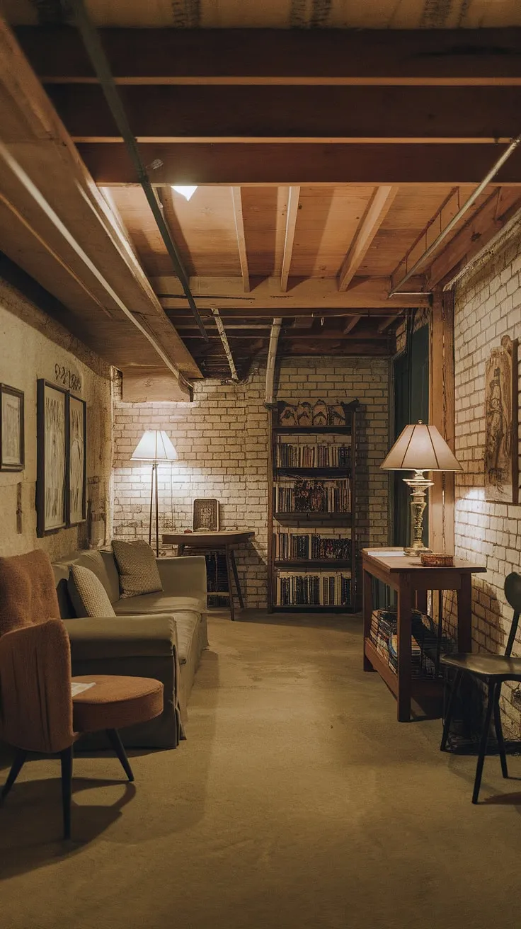 This vintage basement remodel boasts a cool basement aesthetic, showcasing comfortable basement ideas in a cozy rec room setting. The open plan basement design maximizes space, while exposed brick walls and wooden beams add rustic charm to this inviting basement room. Perfect for basement living ideas, even small dark basement ideas can be transformed into a warm and inviting space with the right touches, as seen in these cute unfinished basement ideas.