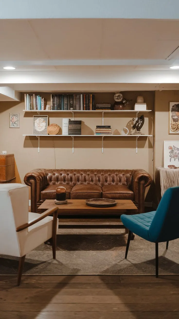 This vintage basement remodel proves that a cool basement aesthetic can be both comfortable and cozy. Open plan basement design maximizes space, offering perfect basement living ideas for a cute, unfinished basement.