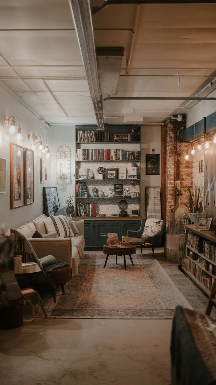 Cozy rec room goals! This cute unfinished basement ideas project proves that even small dark basement ideas can become comfortable basement ideas with the right vintage basement remodel and cool basement aesthetic.