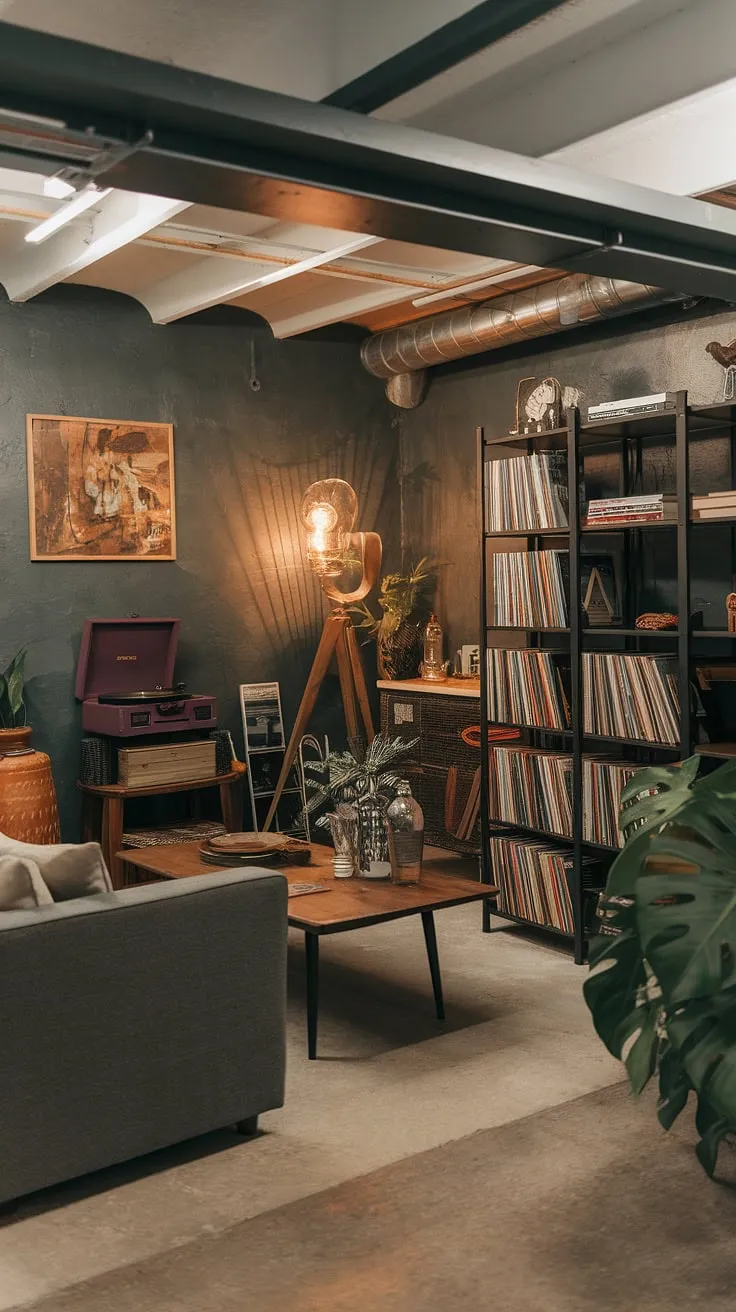 This vintage basement remodel showcases a cool basement aesthetic in a basement room with an open plan design. Dark grey walls with a textured finish and exposed wooden beams create a sophisticated backdrop for the comfortable basement ideas featured here. The grey couch, wooden coffee table, and green plant add warmth to the space, while a record player and bookshelf contribute to the cozy rec room vibe. This small dark basement ideas solution proves that even unfinished basements can be transformed into stylish and functional spaces, offering great basement living ideas.