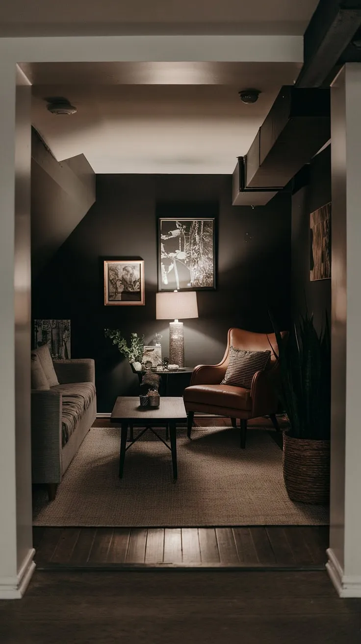 This vintage basement remodel showcases a cool basement aesthetic perfect for cozy rec room living. The small dark basement ideas are brought to life with comfortable basement ideas, creating a surprisingly spacious and inviting open plan basement design. A few well-chosen pieces of furniture—a couch, chair, and coffee table—transform this basement room into a comfortable and stylish retreat. The dark walls and wood floors add to the charm, while the plant and lamp offer a touch of warmth. This is a prime example of cute unfinished basement ideas done right.