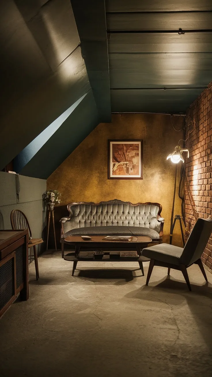 Cute unfinished basement ideas come to life in this comfortable basement. The vintage basement remodel showcases how a small dark basement can be transformed into a cozy rec room with thoughtful basement living ideas and a cool basement aesthetic.