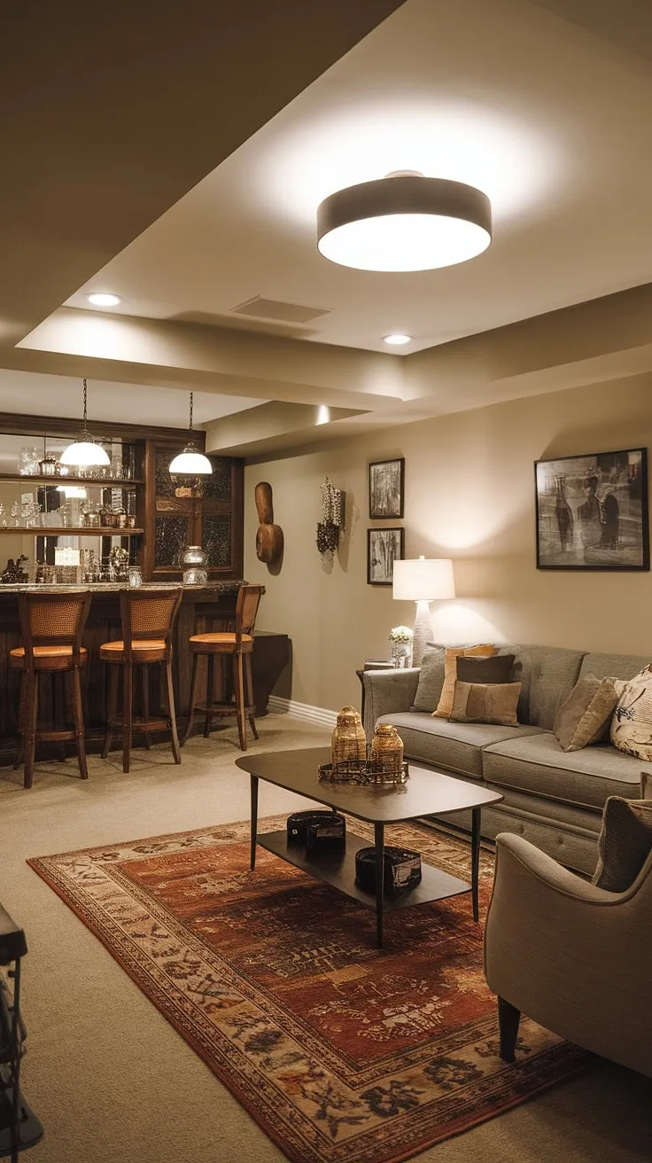 Transforming a small dark basement into a haven of comfort? This open plan basement design offers a cool basement aesthetic with a vintage touch. The cozy rec room, complete with a sofa and bar area, provides ample space for relaxation. These comfortable basement ideas are perfect for those seeking cute unfinished basement ideas and inspiration for their vintage basement remodel. The bright lighting and patterned rug add warmth to this inviting basement room.