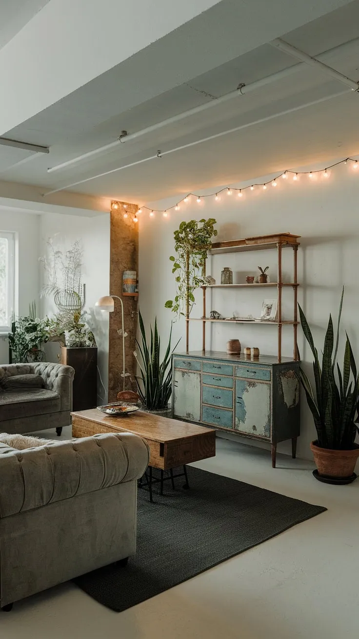 Cute unfinished basement ideas brought to life! This basement room showcases comfortable basement ideas and basement living ideas, all within a charming vintage vibe and open plan basement design.