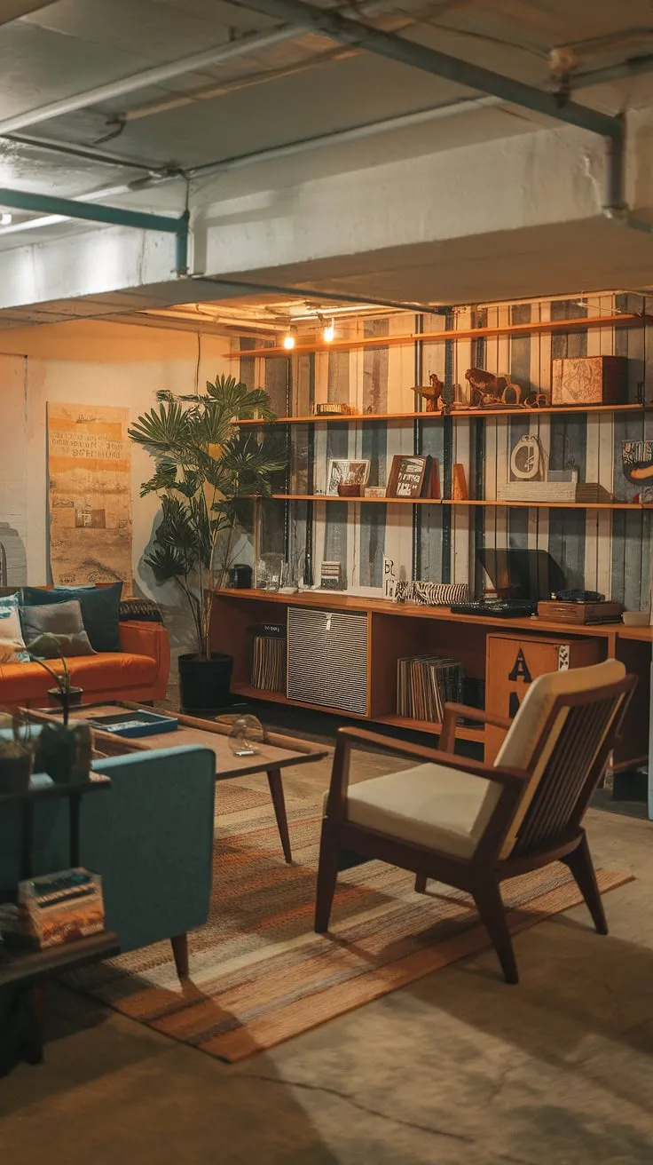 Warm lighting and a vintage touch define this cool basement aesthetic. This basement room, a testament to clever basement living ideas, features an open plan basement design that maximizes space. The vintage basement remodel incorporates a record player and other charming details, while a sofa and chair provide comfortable seating in this cozy rec room. This is a perfect example of how to tackle cute unfinished basement ideas and small dark basement ideas to create a truly inviting space.