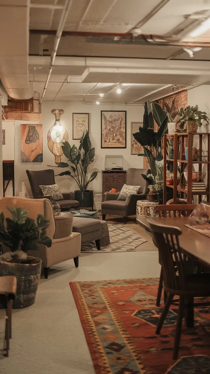 This vintage basement remodel proves that a cool basement aesthetic can be both comfortable and stylish. Open plan design maximizes space, offering cozy rec room vibes, perfect basement living ideas for even small dark basement ideas.