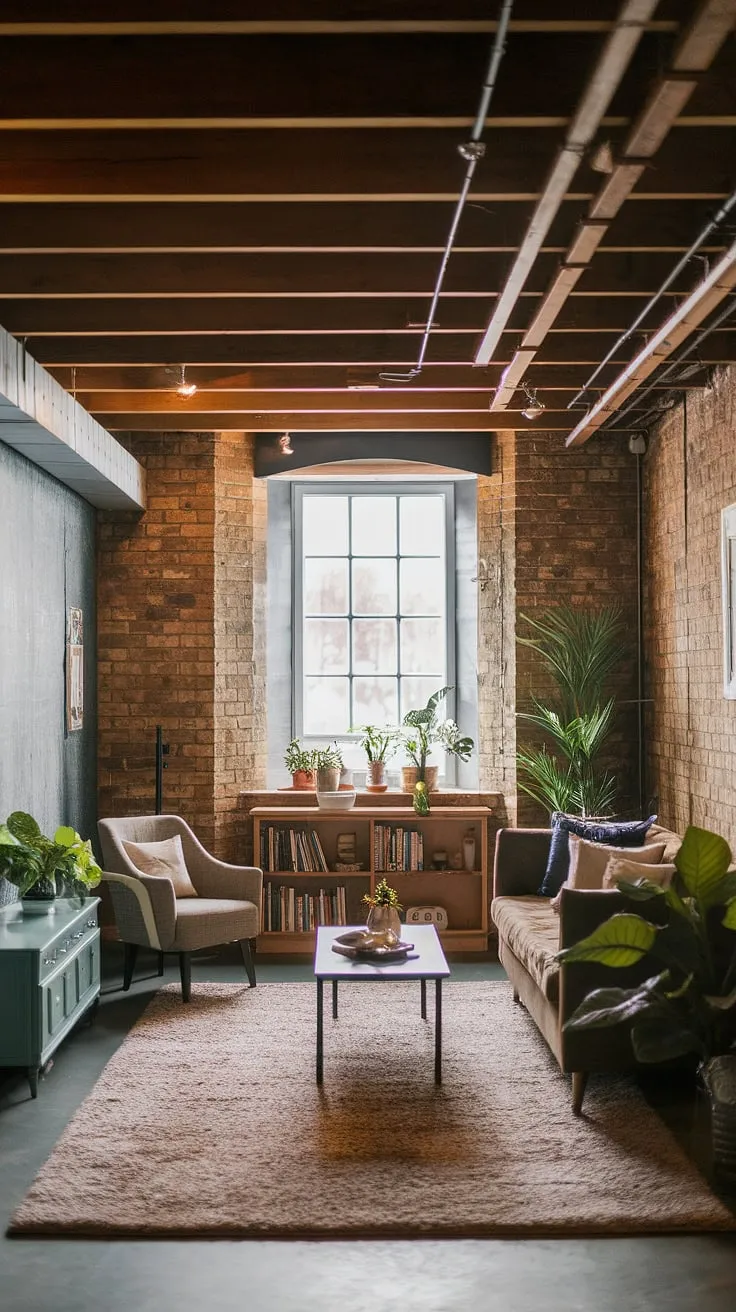 This cute unfinished basement idea proves that even small dark basement ideas can become a stunning basement room. The vintage feel and open plan basement design create a comfortable seating area perfect for basement living ideas.