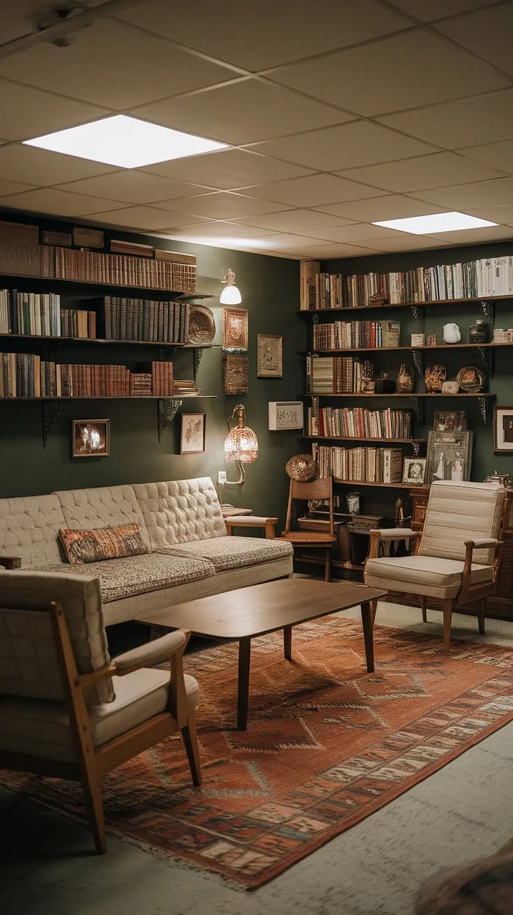This vintage basement remodel showcases a cool basement aesthetic, transforming a small dark basement into a cozy rec room. The open plan basement design maximizes space, with comfortable basement ideas like a beige sofa and patterned rug creating a welcoming atmosphere. Built-in shelves display a curated collection of books and vintage items, offering cute unfinished basement ideas for storage and style. The dark green walls add depth, complemented by a vintage lamp and wooden coffee table. This is the perfect example of basement living ideas for a comfortable and stylish space.