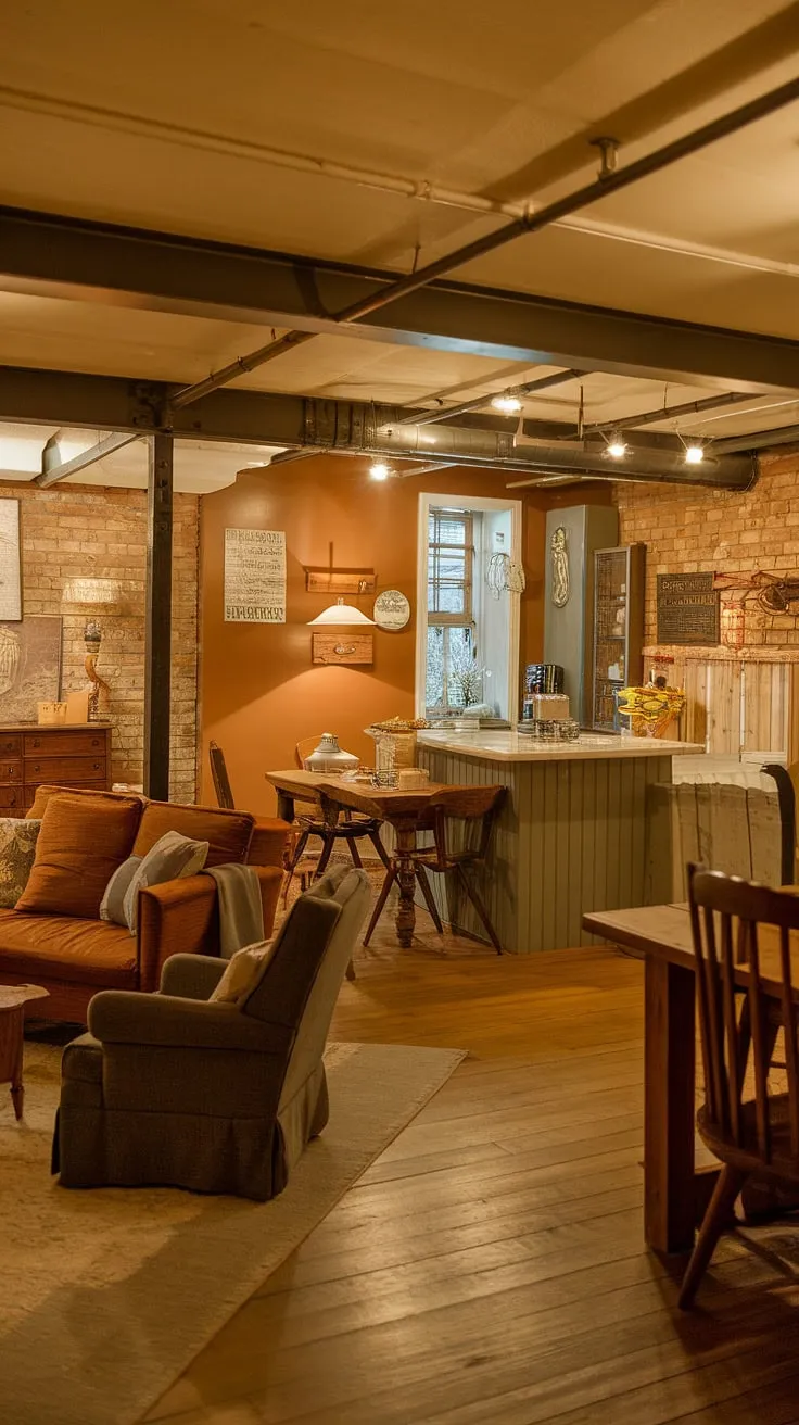 Transforming a dark, unfinished basement into a bright and airy space is easier than you think! This vintage basement remodel demonstrates clever basement living ideas, showcasing a cozy rec room with an open plan basement design. The cool basement aesthetic is achieved through a combination of warm paint colors, exposed brick, and vintage furniture, making this small dark basement ideas solution feel spacious and inviting. Comfortable basement ideas are brought to life with the thoughtfully arranged seating and dining areas, creating the perfect cozy basement room.