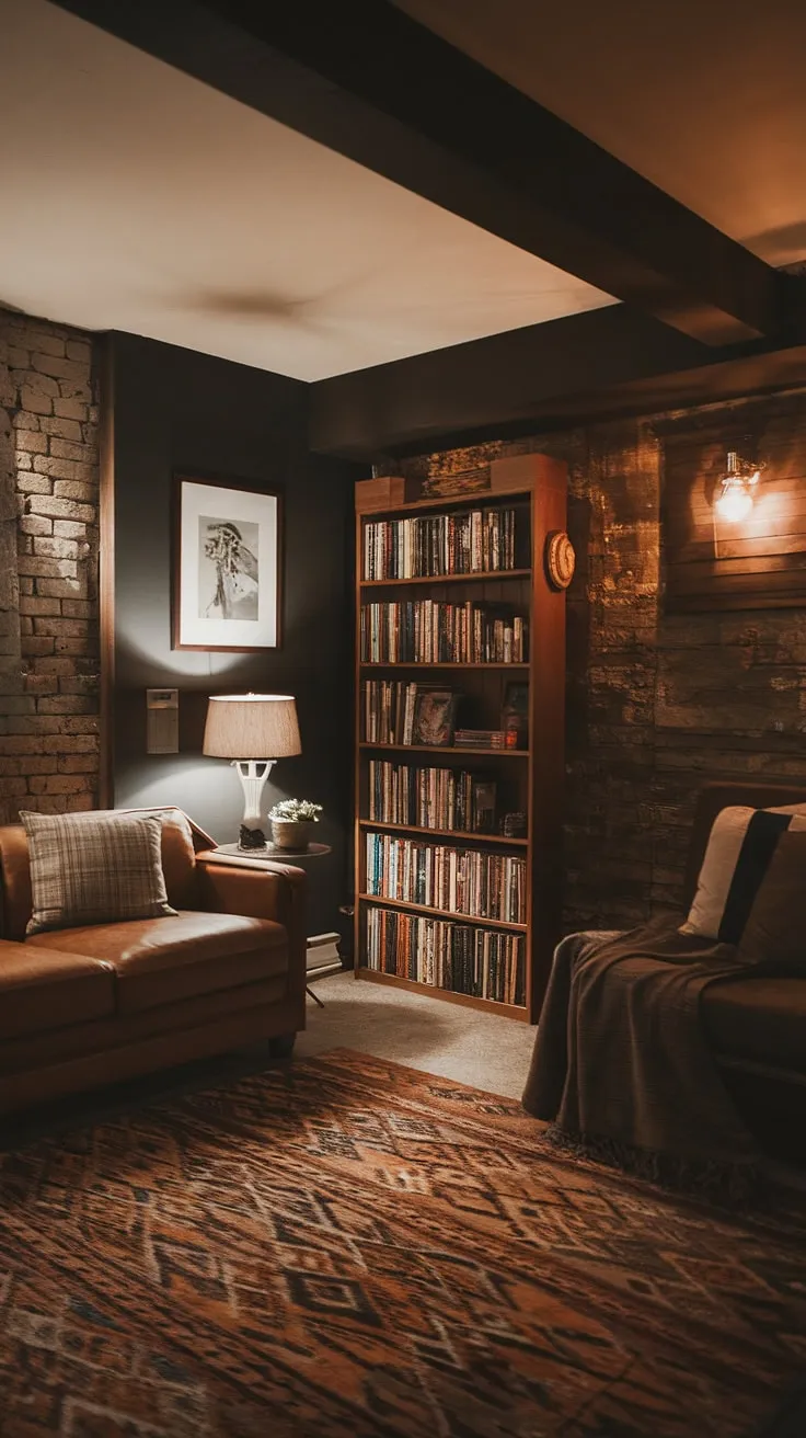 Cozy up in this charming vintage basement remodel. This basement living ideas project showcases how to create a comfortable basement ideas with an open plan basement design. The dark walls and exposed brick accentuate the warm lighting, creating a cool basement aesthetic perfect for a cozy rec room. This small dark basement ideas proves that even a cute unfinished basement ideas can become a stunning basement room.