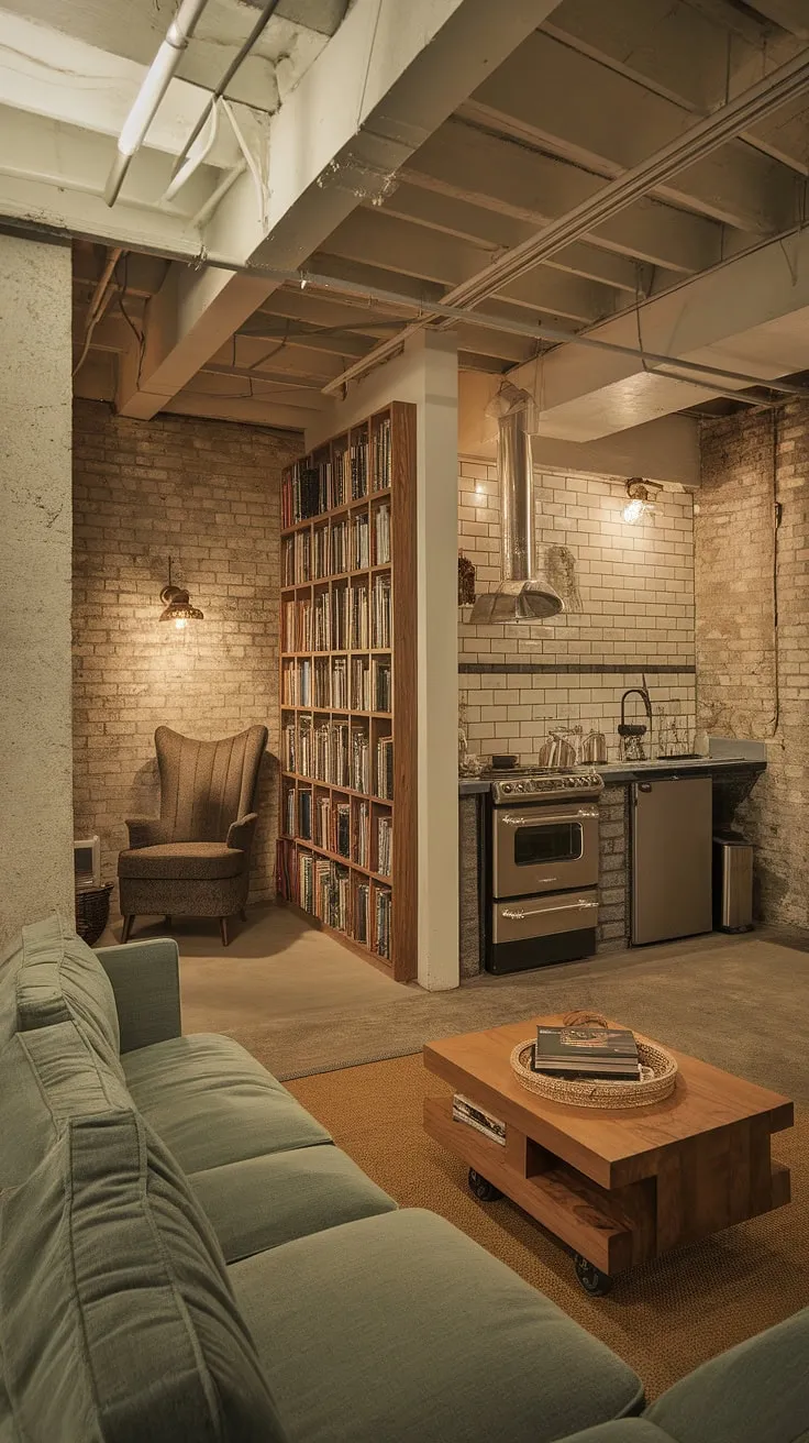 This vintage basement remodel proves that a cool basement aesthetic can be both comfortable and stylish. Open plan basement design maximizes space, creating a cozy rec room with a reading nook, seating area, and kitchenette – perfect basement living ideas for even small dark basement ideas.