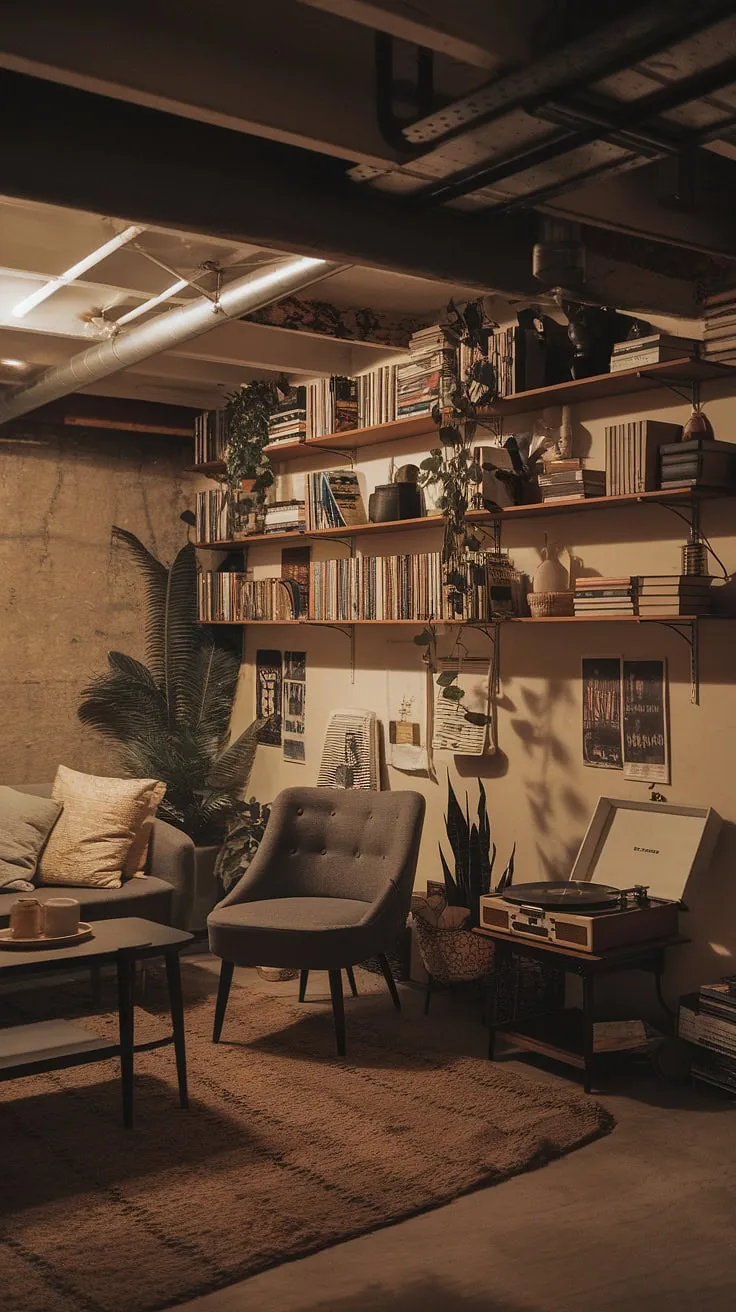 Transforming a small, dark basement into a cozy rec room with this cool basement aesthetic. Vintage basement remodel ideas for a comfortable basement, showcasing cute unfinished basement ideas and smart basement living ideas within an open plan basement design.
