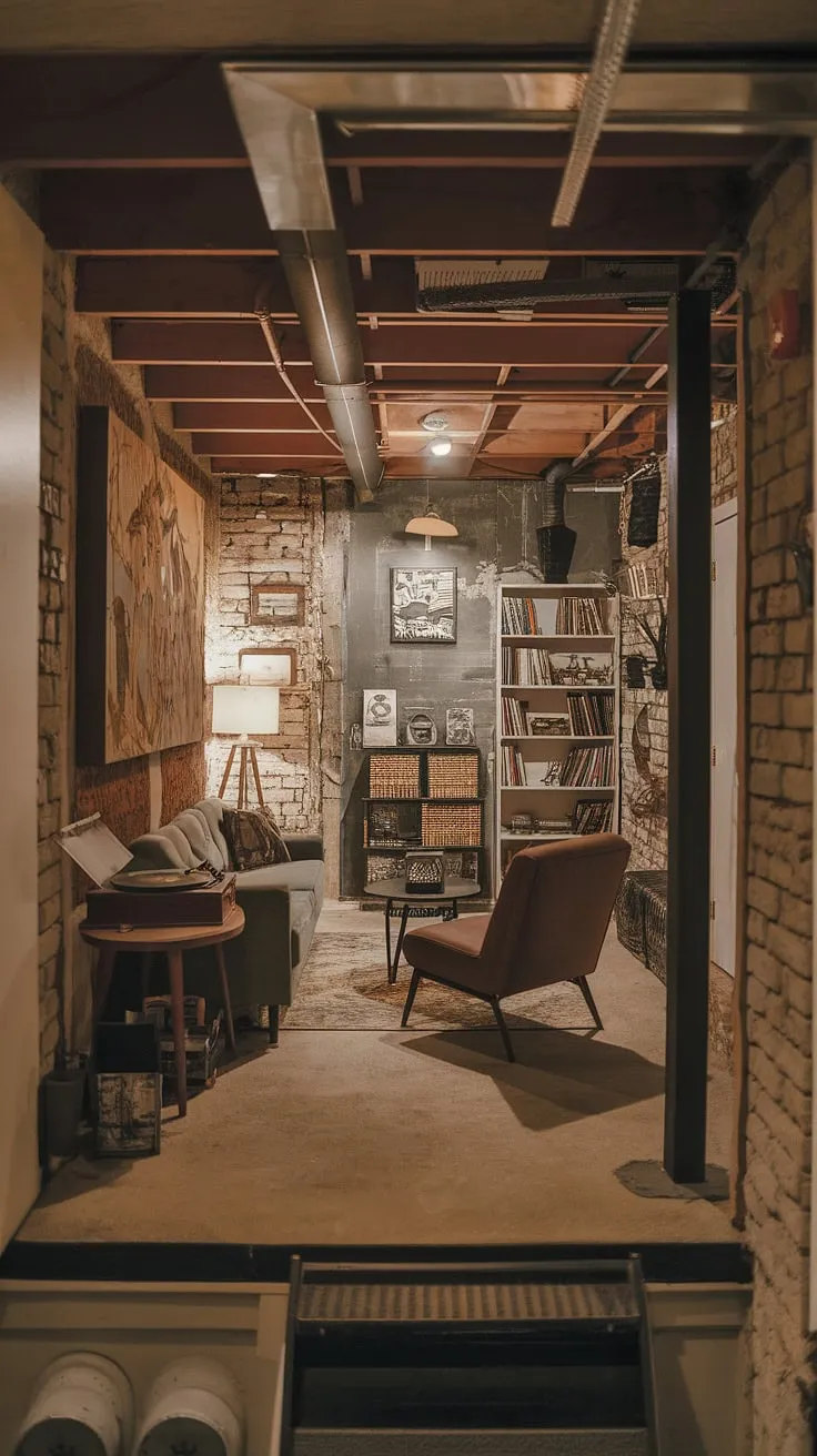 Transforming a small dark basement into a cozy haven? This open plan basement design offers a wealth of basement living ideas. The vintage basement remodel features a cool basement aesthetic, blending comfortable basement ideas with cute unfinished basement ideas. The result? A cozy rec room with exposed brick, a comfortable seating area, and a charming vintage record player, proving that even a basement room can be stylish and inviting.