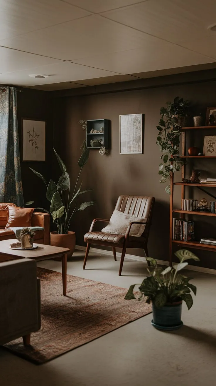Transform your basement into a cozy haven with this cool basement aesthetic. This open plan basement design cleverly incorporates a comfortable couch, chair, and bookshelf into a charming vintage basement remodel. The dark walls, soft lighting, and potted plants contribute to the comfortable basement ideas and cute unfinished basement ideas, making it the perfect cozy rec room and a stunning example of small dark basement ideas.