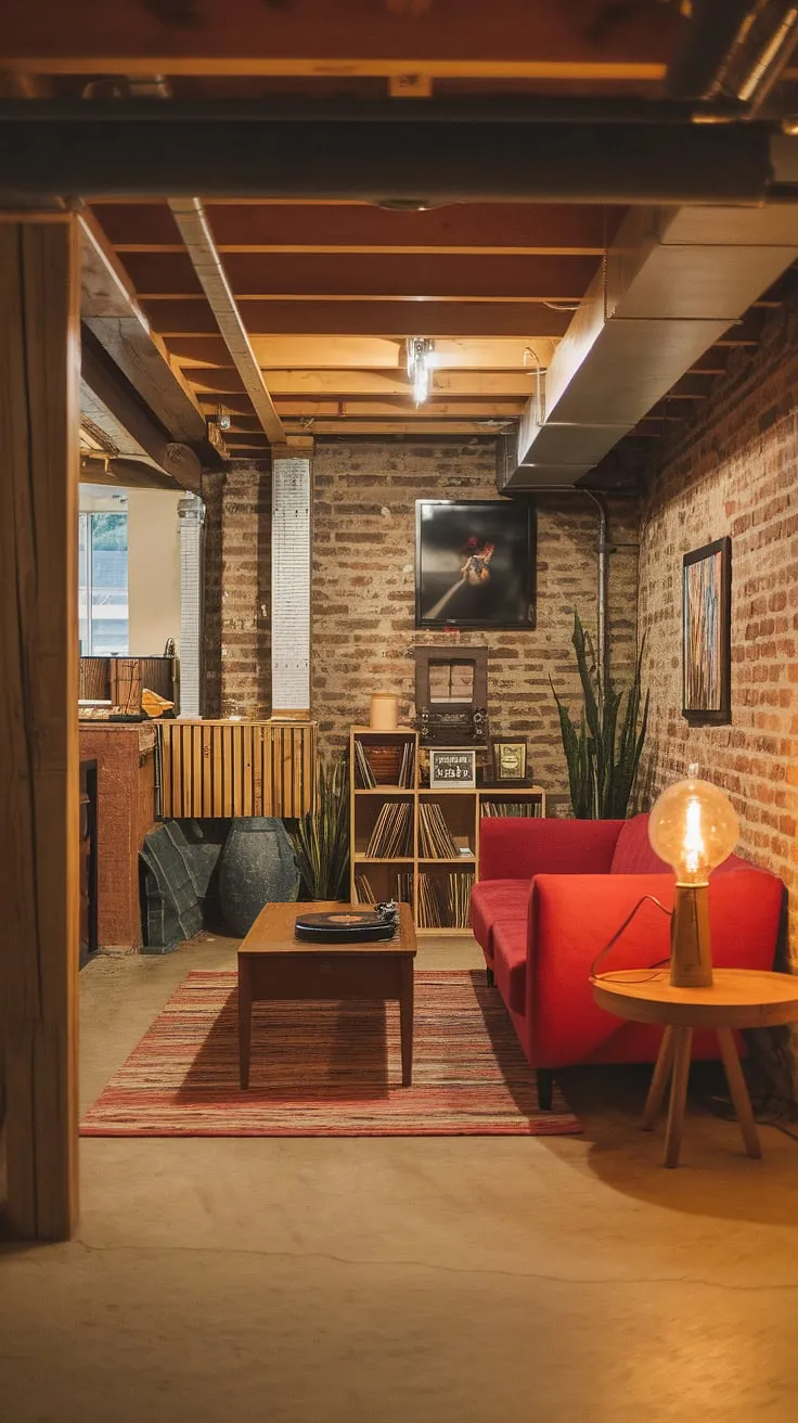Transforming a small dark basement into a cozy rec room was never easier! This open plan basement design boasts a cool basement aesthetic with a vintage basement remodel. Exposed brick, wooden beams, and a concrete floor create a rustic backdrop for the comfortable red sofa and wooden coffee table. The addition of a record player, bookshelf, and plant completes the look, offering plenty of cute unfinished basement ideas and inspiring basement living ideas for those seeking comfortable basement ideas.