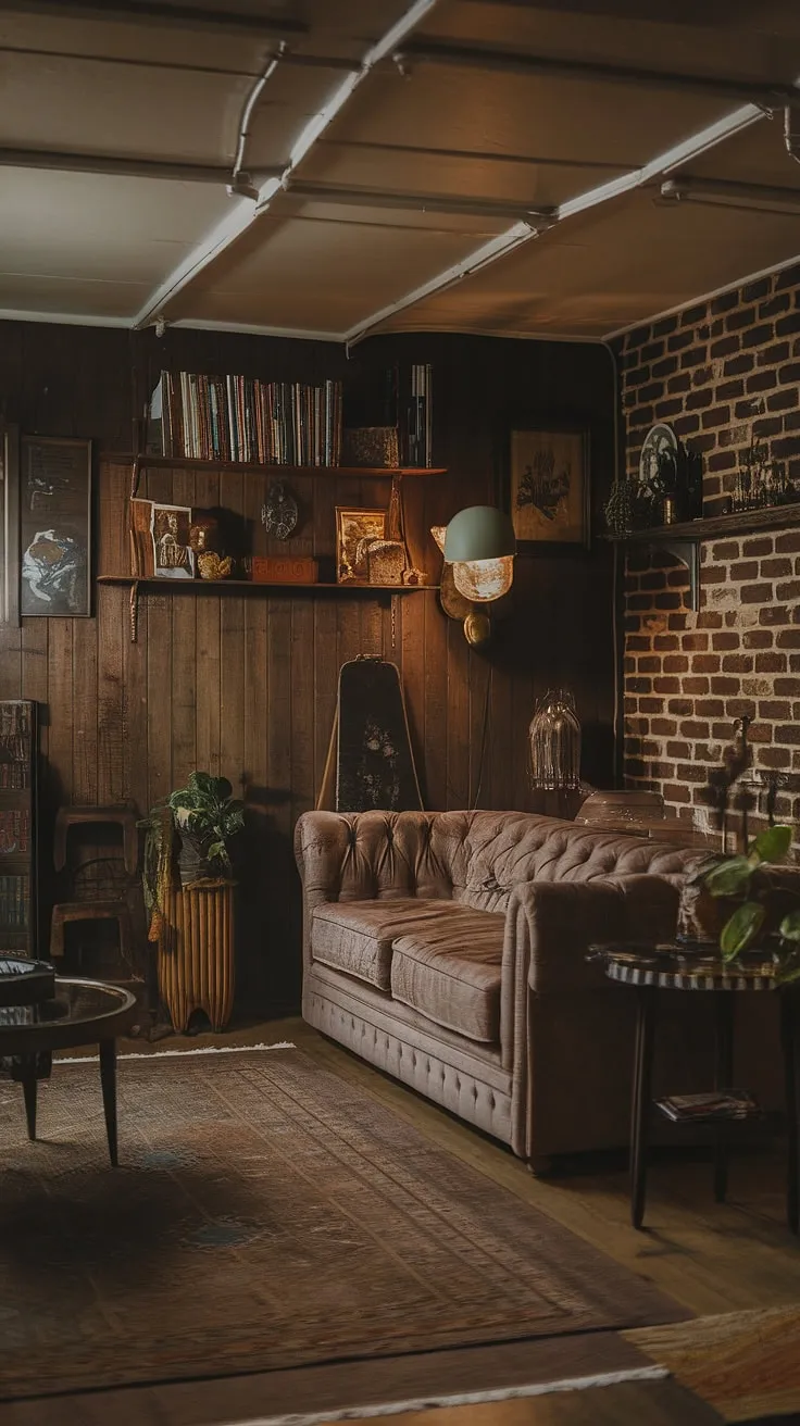 This cozy rec room showcases a cool basement aesthetic, transforming a small dark basement into a comfortable haven. The vintage basement remodel, featuring wood paneling and exposed brick, creates a warm and inviting atmosphere perfect for relaxation. This open plan basement design maximizes space, offering basement living ideas for even the smallest areas. The plush sofa, vintage lamp, and thoughtfully placed bookshelves contribute to the cute unfinished basement ideas, proving that even a basement room can be a stylish and comfortable space.