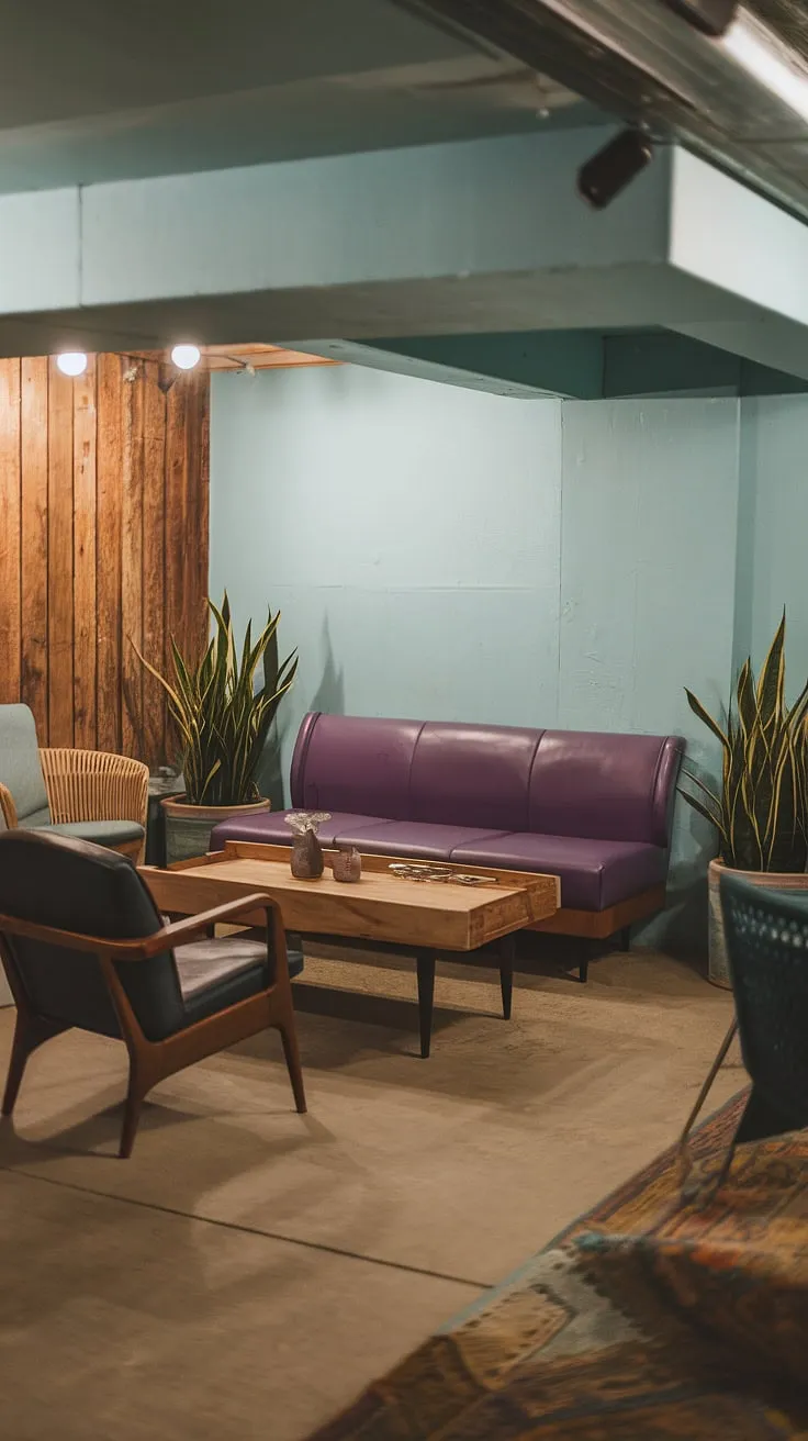 Transforming a dark basement into a light and airy space? This basement room exemplifies cool basement aesthetic with its vintage feel and modern touches. The open plan basement design maximizes space, while the purple couch and wooden coffee table create a comfortable and cozy rec room. This vintage basement remodel is full of basement living ideas, proving that even small dark basement ideas can be stylish and inviting.