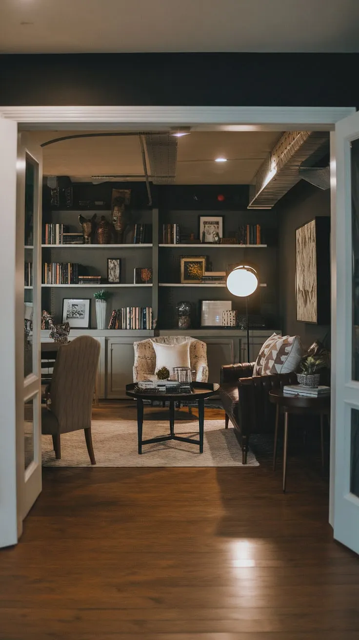 This vintage basement remodel showcases a cool basement aesthetic with an open plan design, perfect for basement living ideas. Dark walls and a mix of light and dark furniture create a cozy rec room atmosphere, while built-in shelves display books and decorative items. The wood floors and multiple light sources enhance the comfortable basement ideas, making this small dark basement ideas solution surprisingly spacious and inviting. It's a fantastic example of cute unfinished basement ideas transformed.