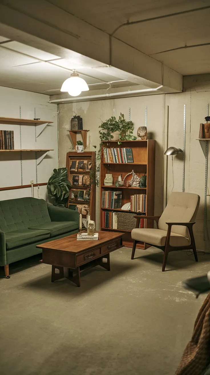 This cute unfinished basement idea proves that even a basement room can be a comfortable and stylish space. Explore basement living ideas with this vintage aesthetic and discover how to create a cozy rec room in your own cool basement aesthetic.