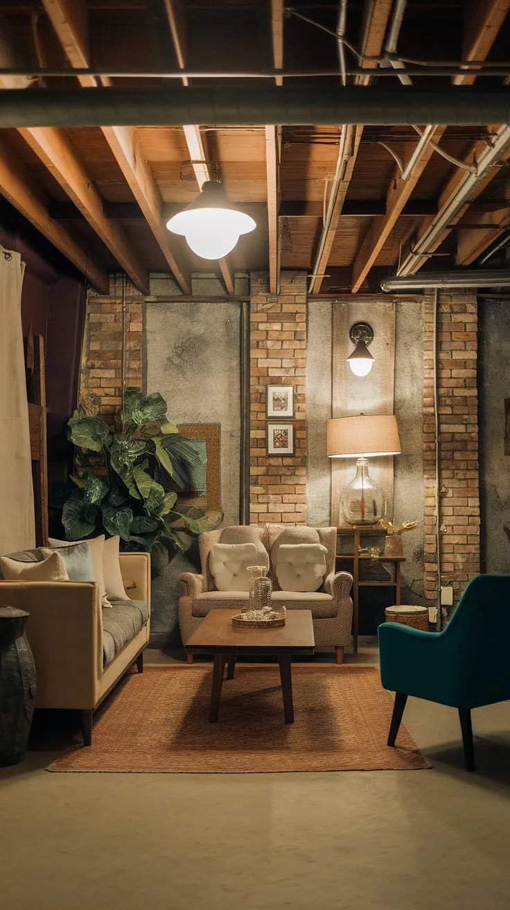 Warm lighting and a thoughtful arrangement of furniture bring this cool basement aesthetic to life. This vintage basement remodel cleverly uses basement living ideas to create a comfortable basement space, even in a small dark basement. The open plan basement design feels spacious and inviting, with the exposed brick and wooden beams adding rustic charm. A beige sofa, teal armchair, and wooden coffee table contribute to the cozy rec room feel, making this a perfect example of cute unfinished basement ideas.