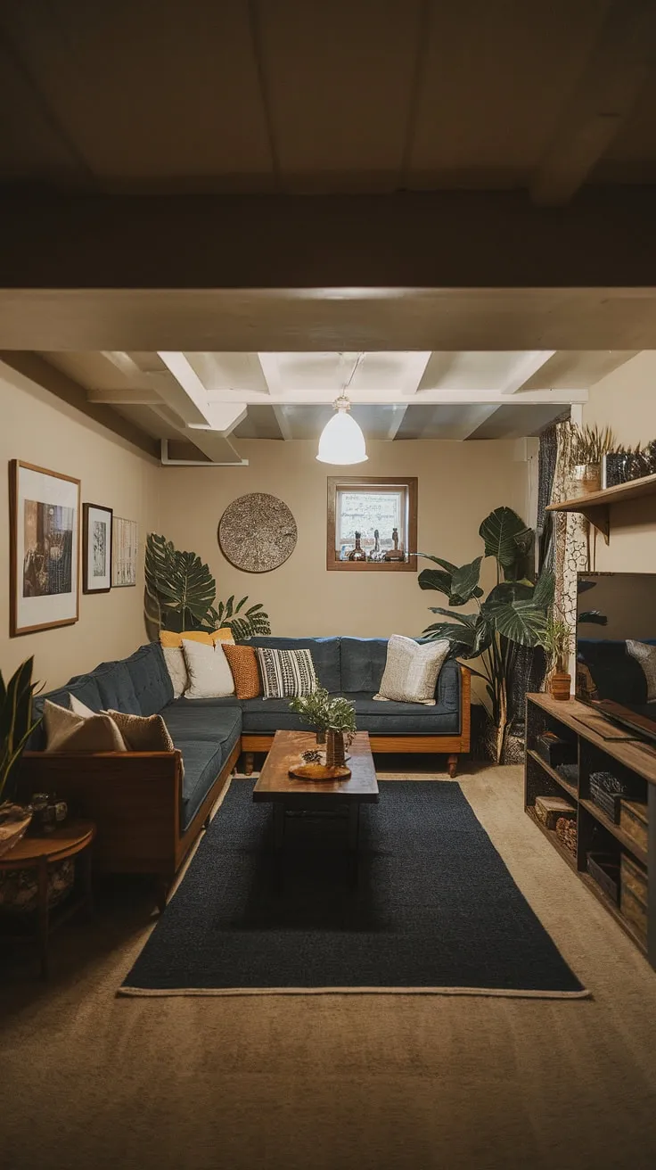 Transforming a basement room into a haven? This vintage basement remodel demonstrates how to achieve a cool basement aesthetic. The dark color scheme, complemented by the beige walls and wooden furniture, creates a cozy rec room perfect for unwinding. This open plan basement design cleverly utilizes space, showcasing smart small dark basement ideas. The comfortable basement ideas implemented here, including the thoughtful placement of plants and decor, make this a truly inspiring example of cute unfinished basement ideas and basement living ideas.