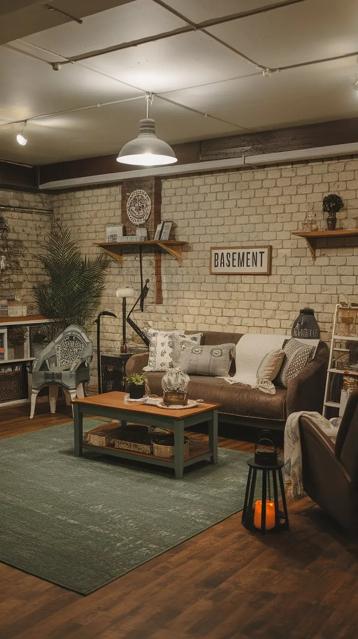 Cute unfinished basement ideas come to life in this small dark basement ideas solution! This vintage basement remodel boasts a cool basement aesthetic, offering comfortable basement ideas and an open plan basement design perfect for a cozy rec room. The result? A truly inviting basement room.